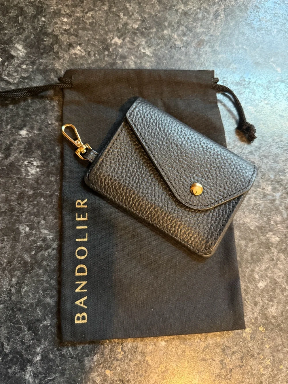Bandolier Black Pebbled Leather Card Wallet with Gold Hardware iPhone pro size